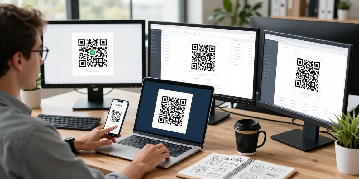 Dynamic QR Code Generator workspace with multiple screens, laptop, and analytics tools, showcasing creativity and productivity.