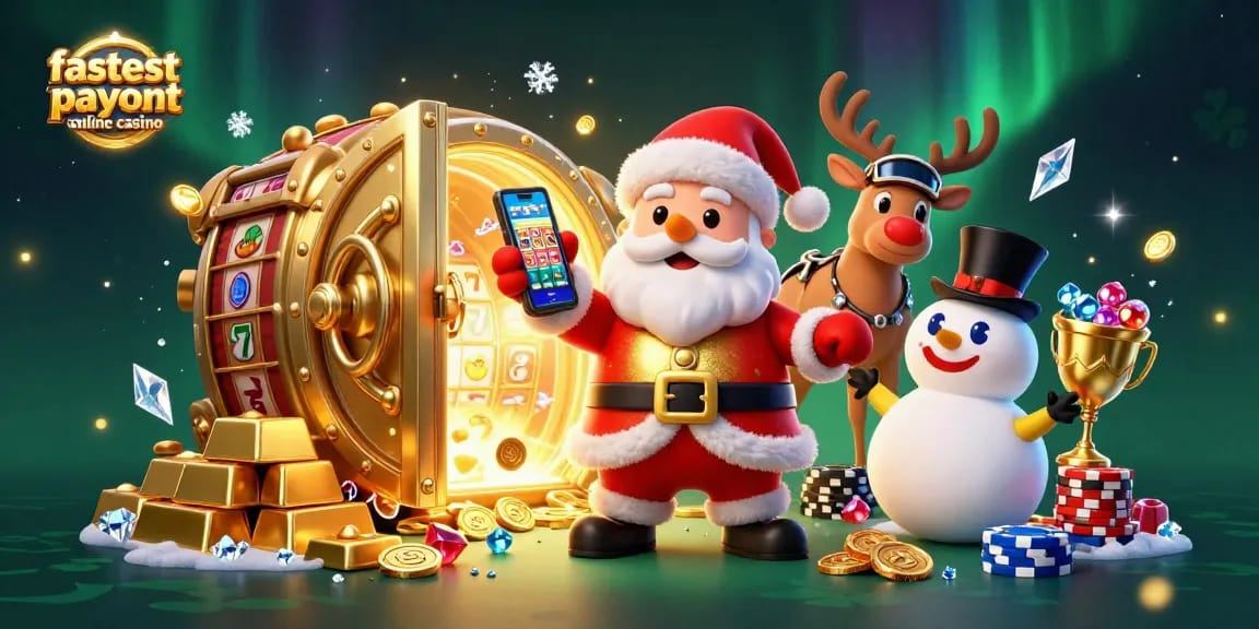 Experience the fastest payout online casino with Santa, his reindeer dealer, and a poker chip snowman.