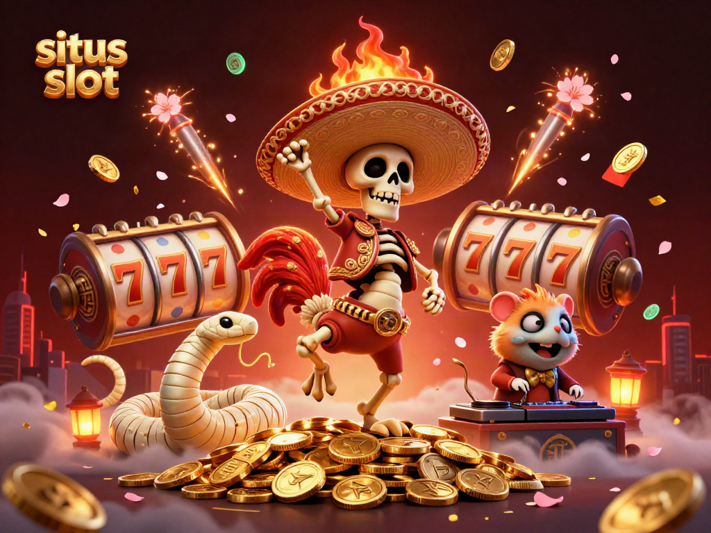 Engaging and vibrant illustration showcasing the excitement of situs slot gaming with dynamic characters and symbols.
