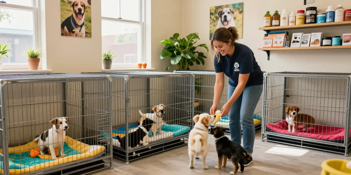 Compassionate pet rescue worker caring for animals in secure pet rescue cages.