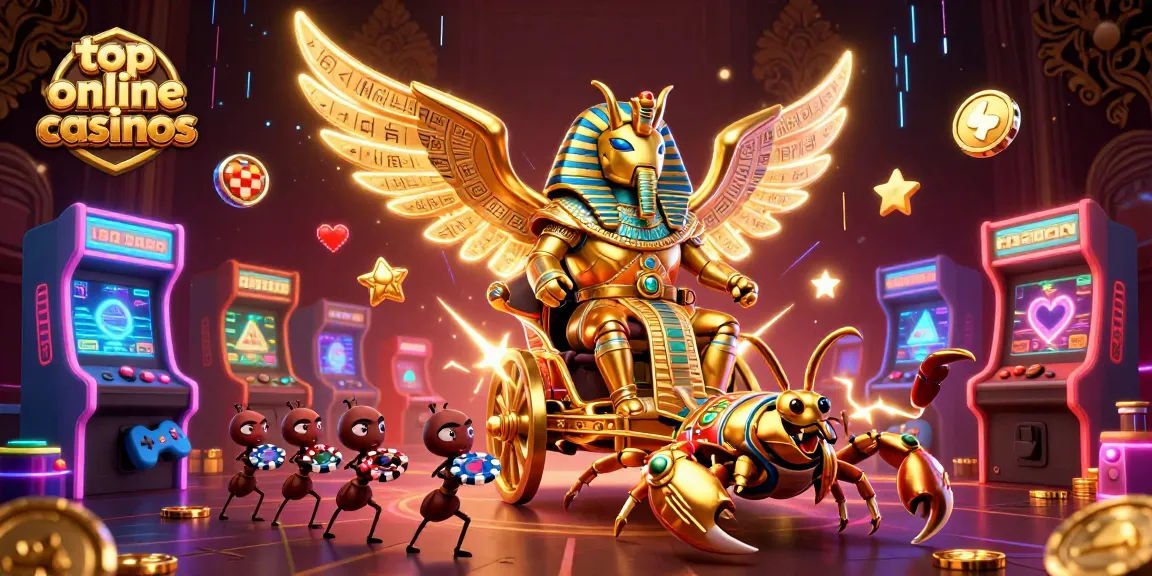 Engage with the top online casinos featuring a golden scarab beetle in a dazzling casino scene.