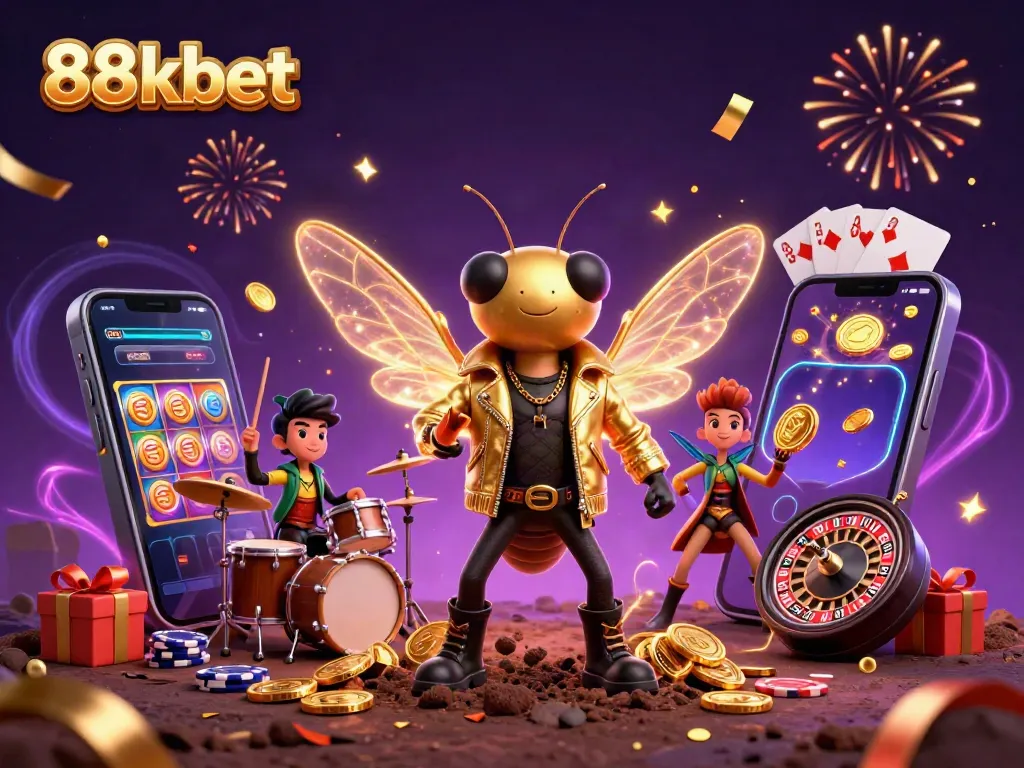 Experience gaming excitement with 88kbet's vibrant 3D casino scene featuring a rock star and playful game elements.