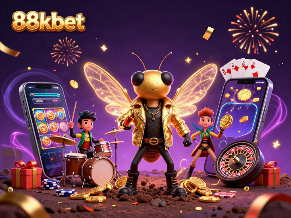 Experience gaming excitement with 88kbet's vibrant 3D casino scene featuring a rock star and playful game elements.