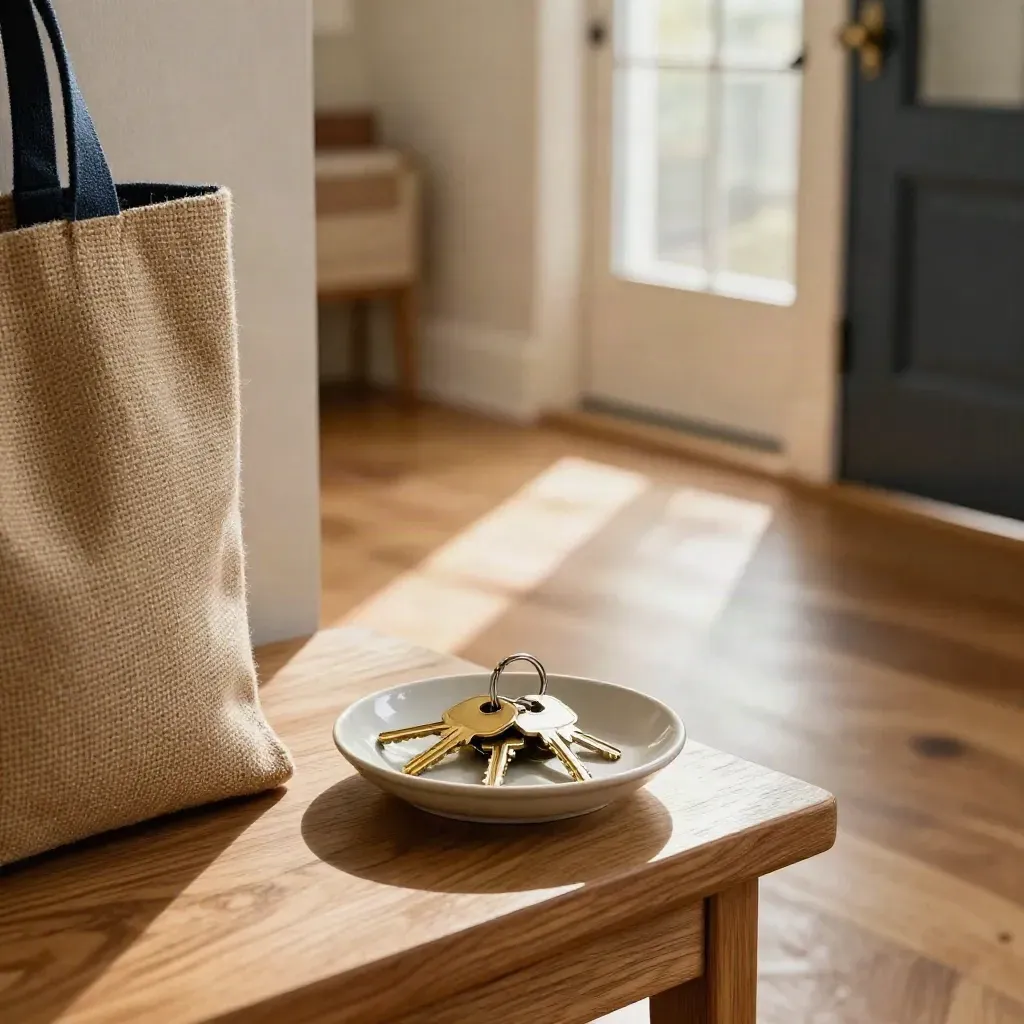 Sunlit entry hall with keys in a dish, a jute tote, and an open door to hardwood floors.