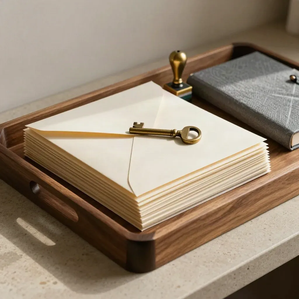 Mortgage prep tray with folders, brass key, stamp block and closed ledger in dramatic light.