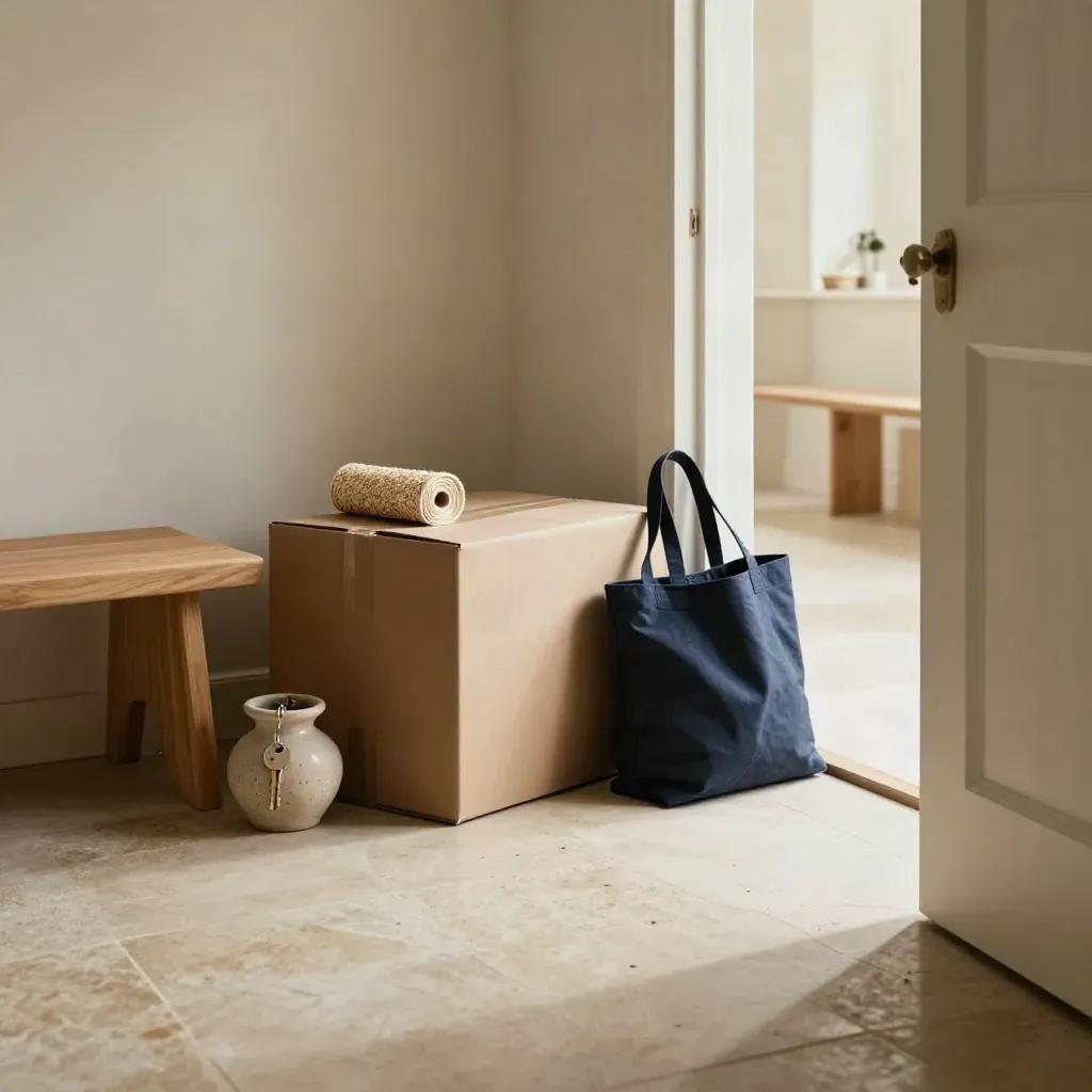 Mudroom boxes, rolled throw, lamp base and house key in a ceramic catchall, lit by soft window light.