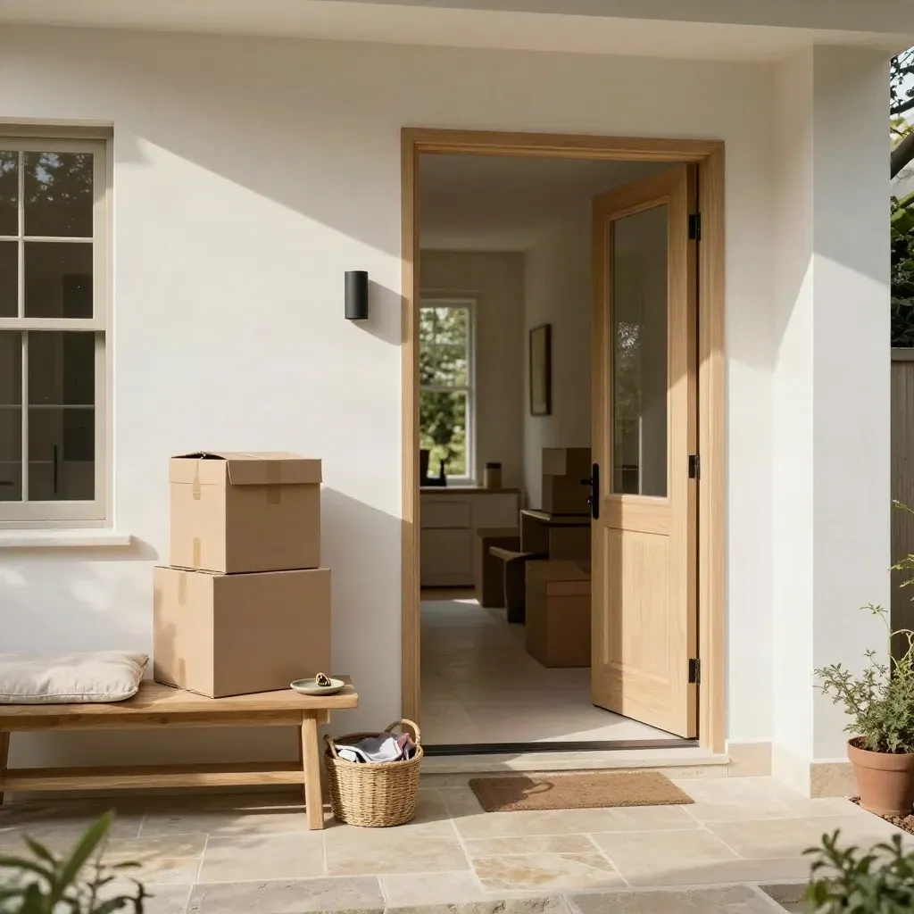 Townhouse entry with moving boxes, shoe bench, and open door glowing warmly