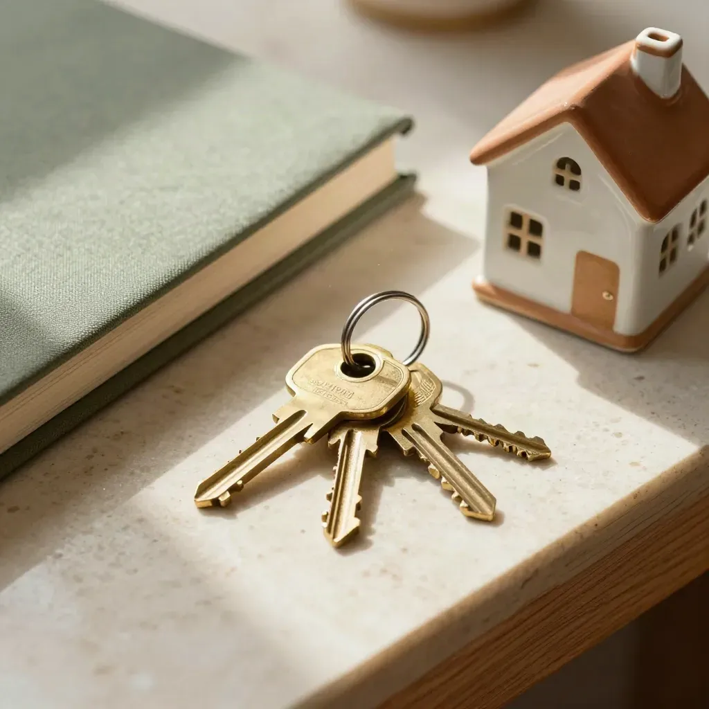 Brass keys, closed binder, and ceramic house model on travertine.