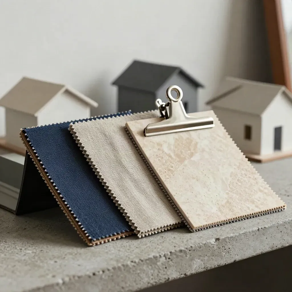 Concrete shelf with material swatches, miniature roofline models, and a steel clip