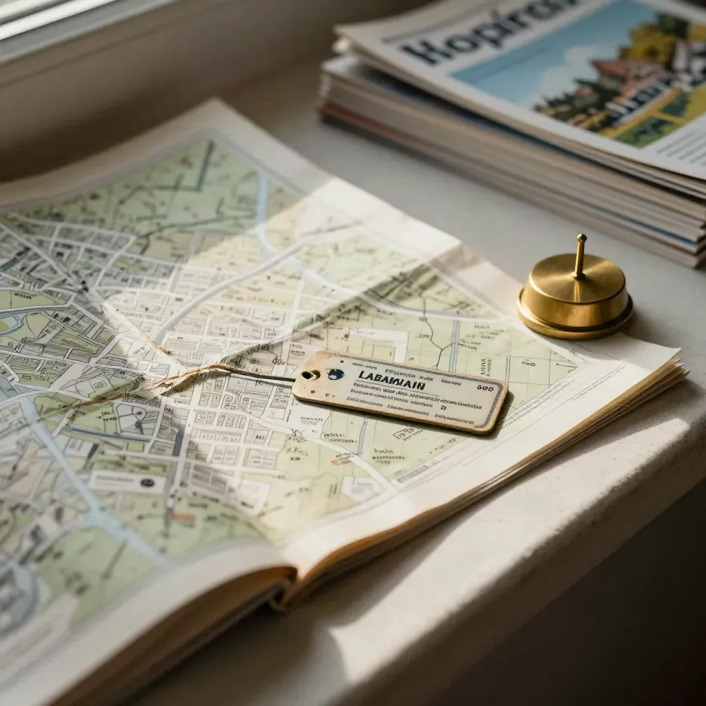Folded street atlas, transit token and brass desk object on a sunlit stone windowsill