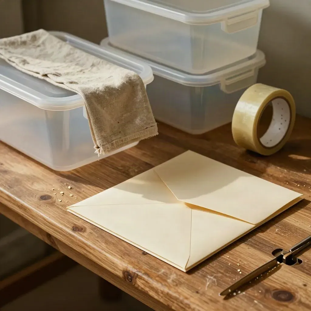 Packing tape, linen, reusable bins and a sealed folder on a warm wood packing bench.