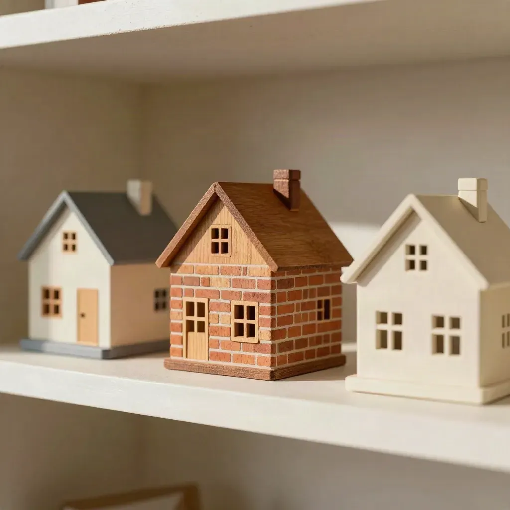 Three small house models in wood, brick, and plaster on a pale shelf