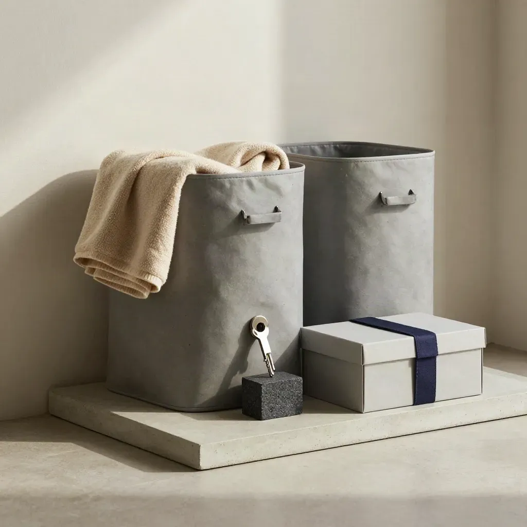 Nested bins, blanket, key hook, and sealed box on a concrete tray in soft daylight.