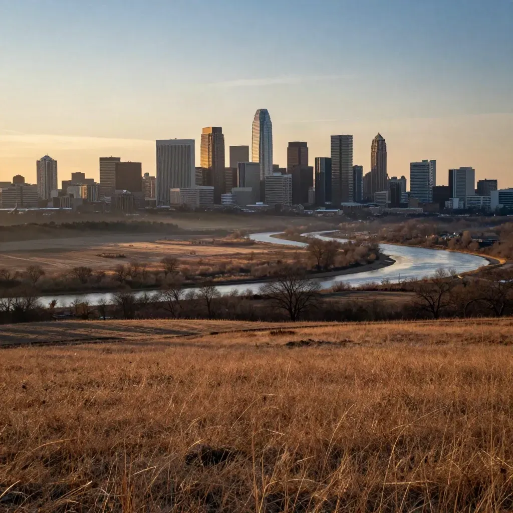 Mississauga skyline above the Credit River valley at golden dawn with open meadow foreground