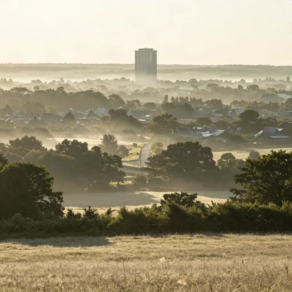 York Region fields, rooftops and a distant tower in morning mist over calm green countryside