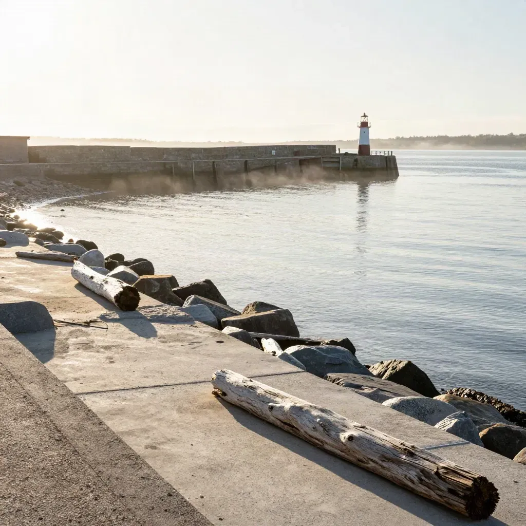 Durham Region harbour water, low shoreline and distant lighthouse in warm haze.
