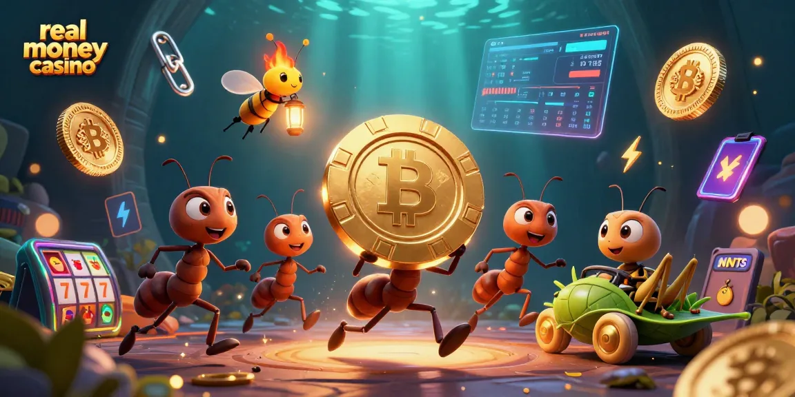 Run heists in a wild real money casino adventure featuring ants, crypto coins, and slot reels.