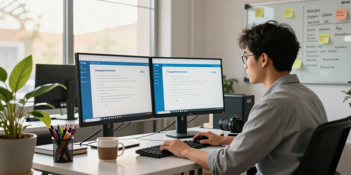 Young professional using Telegram Chinese interface on dual monitors in a modern office.