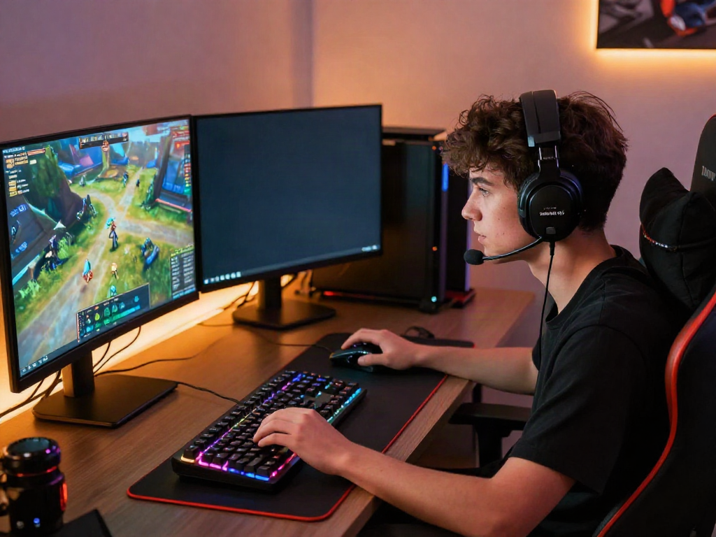 Engaged gamer using rokok 88 gaming gear in a vibrant setup