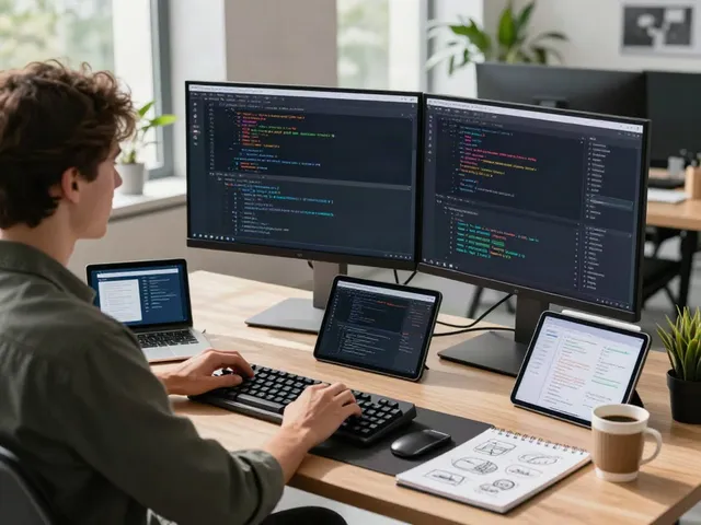 Developer in a modern office workspace coding on dual monitors while surrounded by tech gadgets, illustrating https://gbapps.net/gbwhatsapp-apk-dl/ features.
