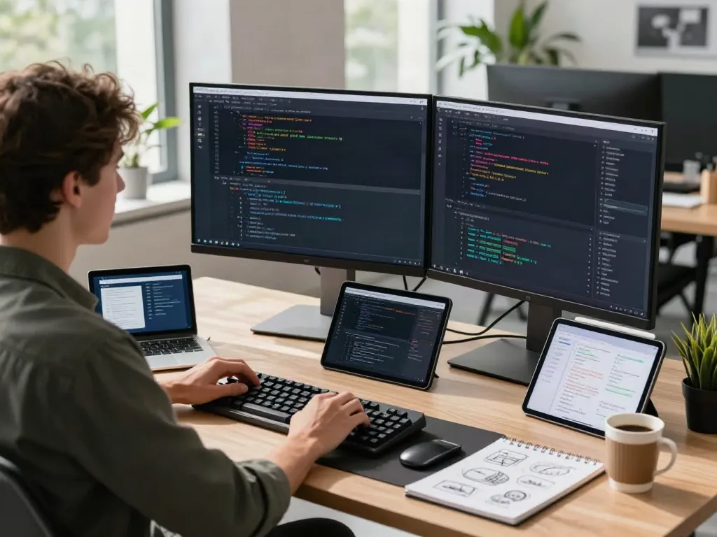 Developer in a modern office workspace coding on dual monitors while surrounded by tech gadgets, illustrating https://gbapps.net/gbwhatsapp-apk-dl/ features.
