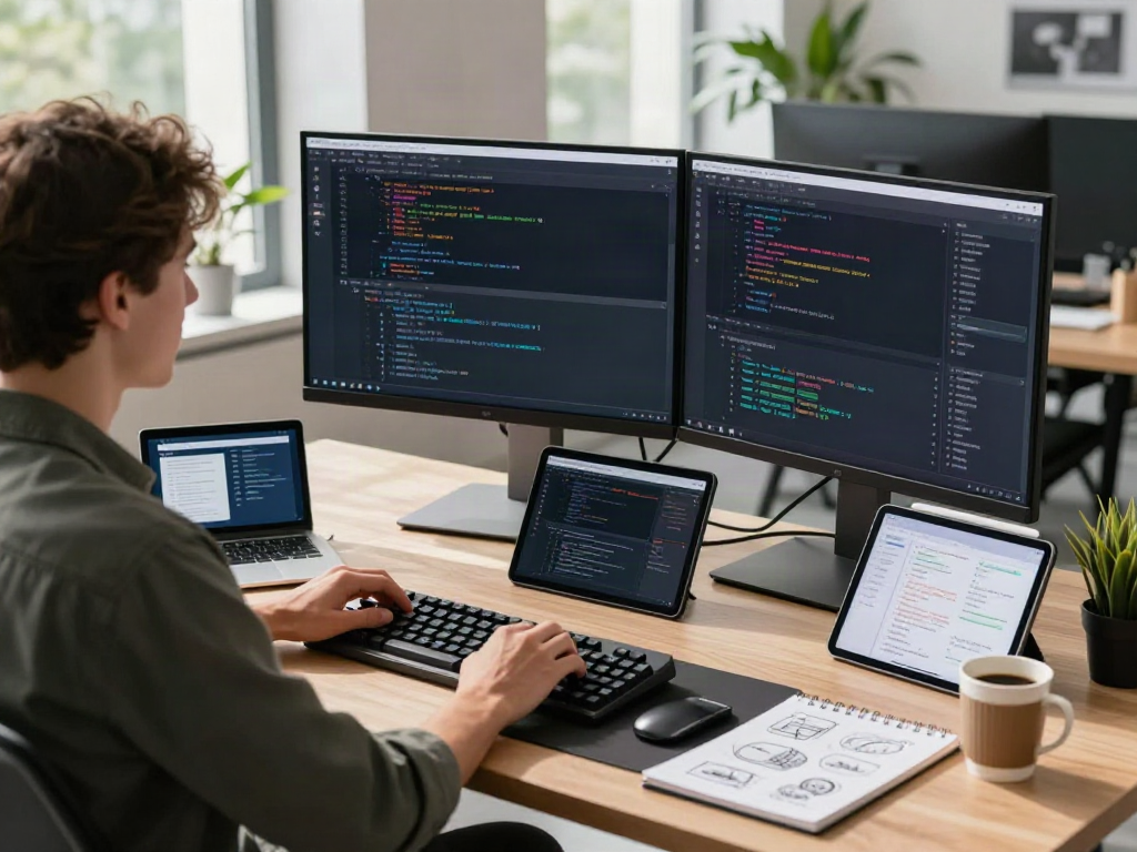 Developer in a modern office workspace coding on dual monitors while surrounded by tech gadgets, illustrating https://gbapps.net/gbwhatsapp-apk-dl/ features.